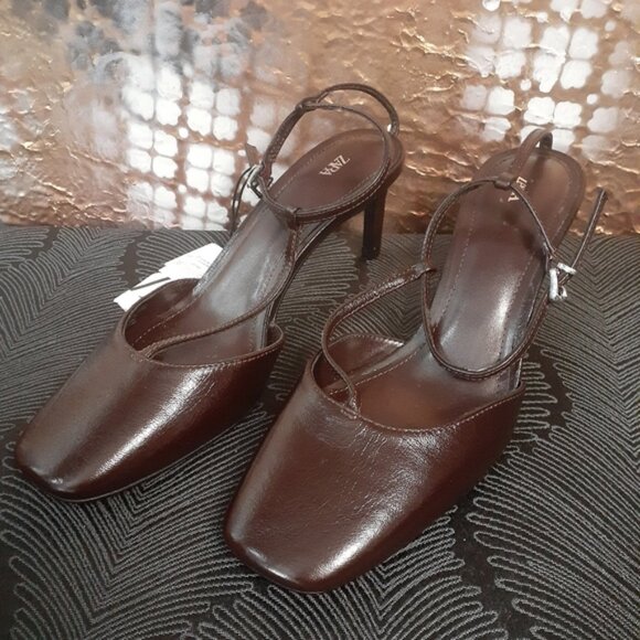 Zara NWT Genuine Leather Chocolate Brown Heels - Picture 16 of 16